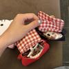 Red checkered small bag cute and exquisite headphone bag denim canvas can be hung on the bag small bag portable pendant