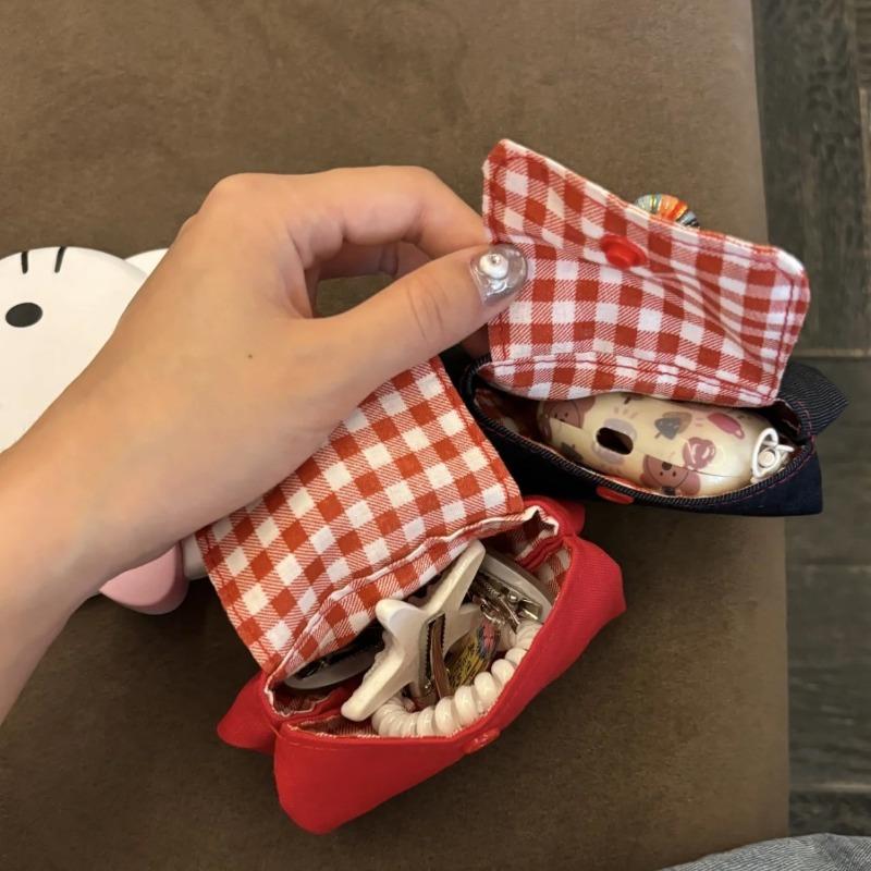 Red checkered small bag cute and exquisite headphone bag denim canvas can be hung on the bag small bag portable pendant