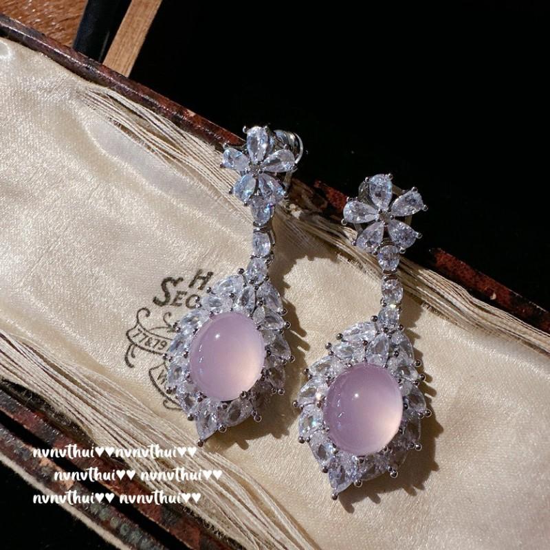 Elegant Heart-Shaped White Chalcedony Necklace With 18K Gold Plating Pink Purple Flower Zircon Bracelet Set