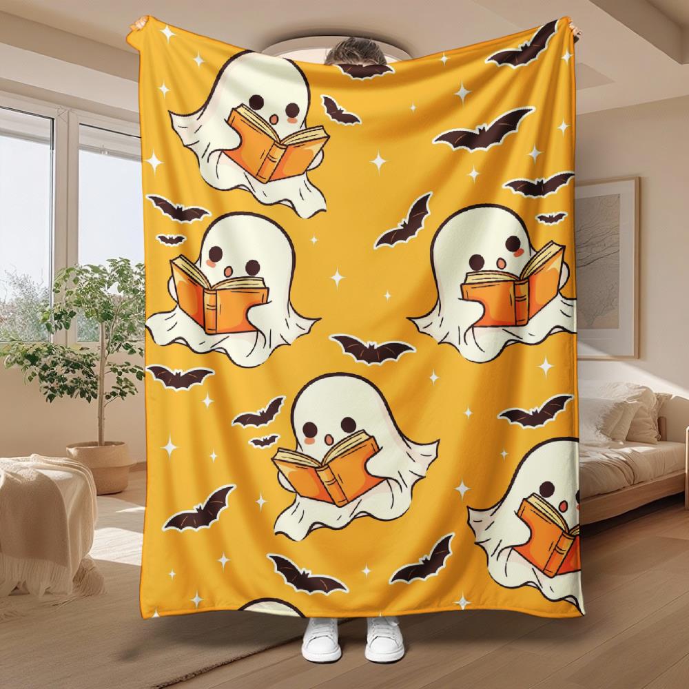 Cute Ghost Reading Pattern Halloween Gift for Book Lovers Soft Fleece Blanket Orange Bats And Stars Design Cozy Home Decor Thr