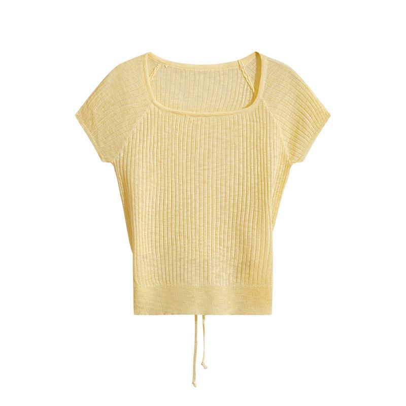 

Square-neck, Straight-shoulder T-shirt, Short-sleeved Summer New Thin Knitted Sweater, Slimming and Waist-cinching Hot Girl Short Top for Women one size жёлтый