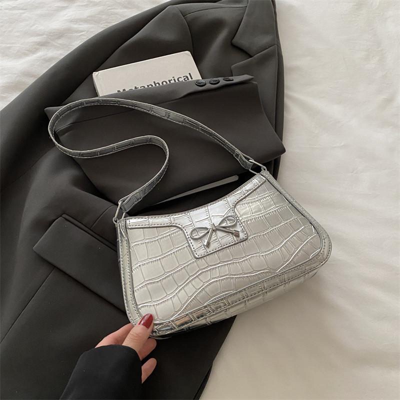 Color Simple Solid Bow Decoration Crocodile Texture Women Casual Shoulder Bag