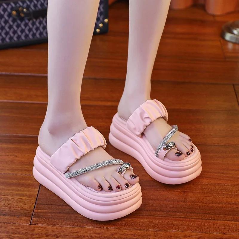 Fashion Women Summer Bling Chunky Slippers High Platform Flip Flops 7.5CM Wedge Heels Slides Sweet Girl Sandals Open Toe Beach Slippers