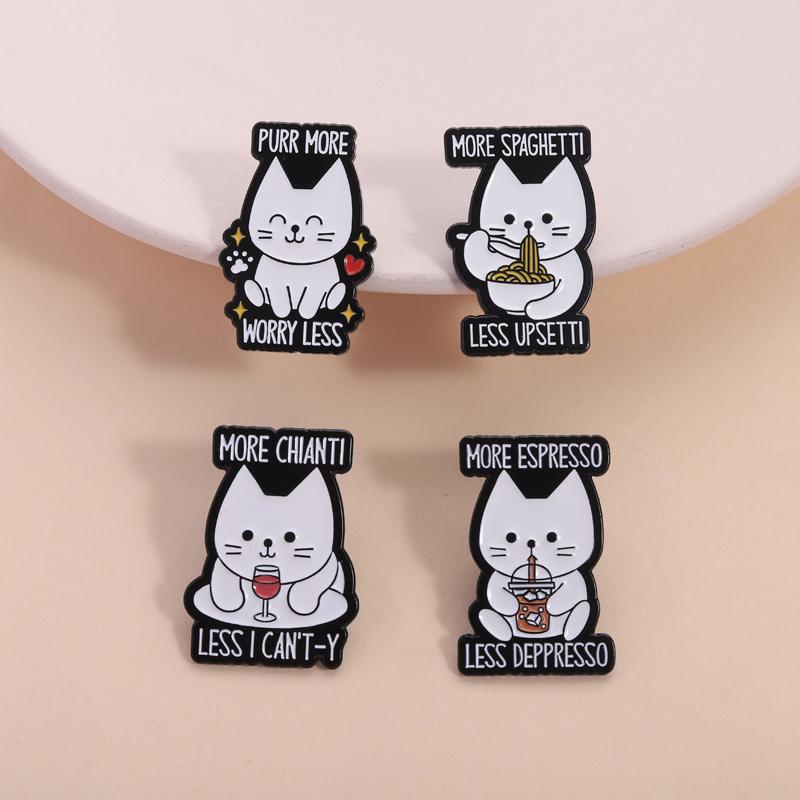 Ramen Wein Kaffee Katzen Emaille Anstecker Schnurr Mehr Sorge Weniger Anstecknadeln Revers Abzeichen Cartoon Tier Schmuck Geschenk für Kinder Freunde