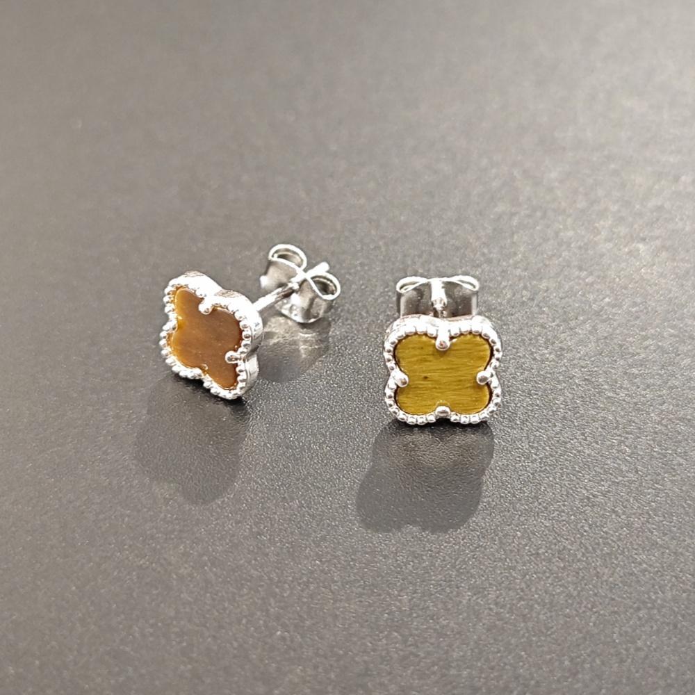 

Серьги-гвоздики из стерлингового серебра 925 пробы с четырьмя листьями и цветком, 7 мм, платиновые серьги с тигровым глазом коричневый