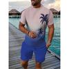 New Men's Hawaiian Two-Piece Set Beach Coconut Tree Print Crew Neck Short Sleeve Shirt Drawstring Shorts Casual Vacation Outfit