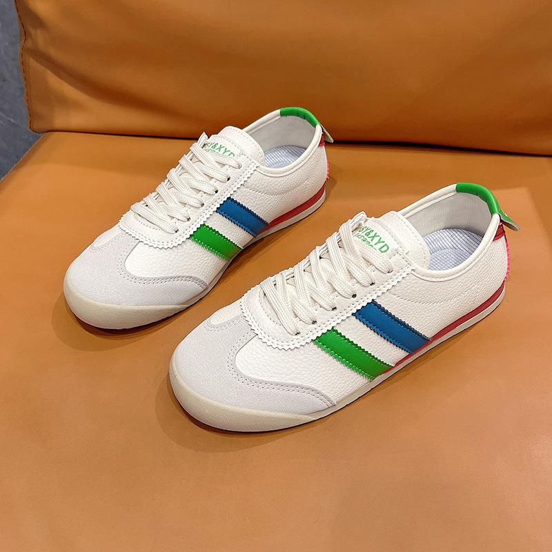 2024 summer new soft leather flat-bottomed casual moral training shoes Korean version of academic jogging Forrest Gump little white women's shoes