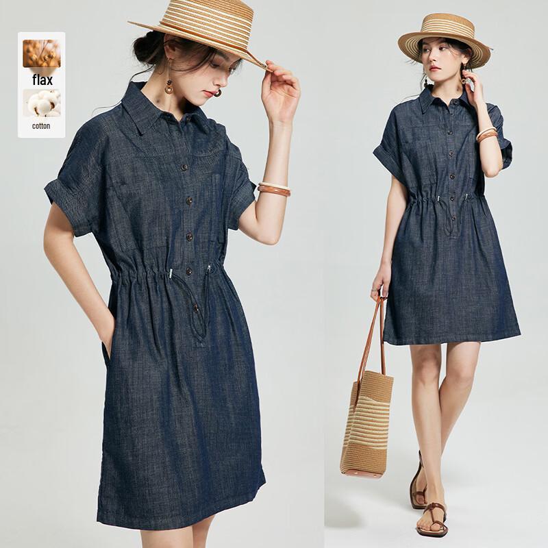 Old Money Style Cotton-Linen Denim Shirtdress L