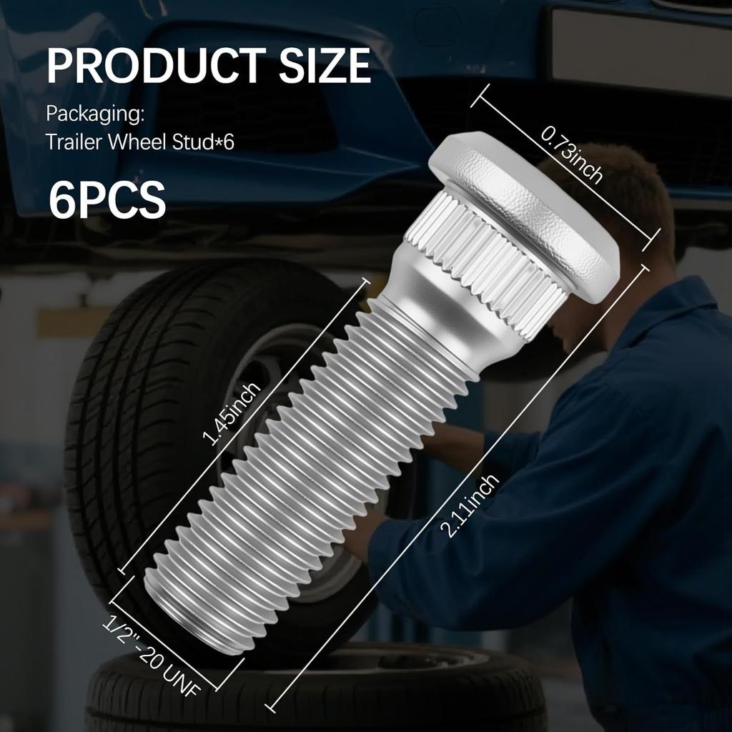 6PCS Trailer UNF 1/2 20 Wheel Studs,Heavy Duty Wheel Bolts Load 2000-7000 Lb Axles With Length 2.11"/Spline Diameter 0.56"/Stud Head