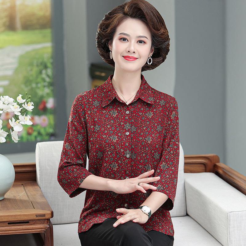 

Women s 2026 Silk Seven-Sleeve Top – New Spring/Summer Printed Style for Middle-Aged and Elderly Mothers L (recommended for 80-100 lbs) червоний