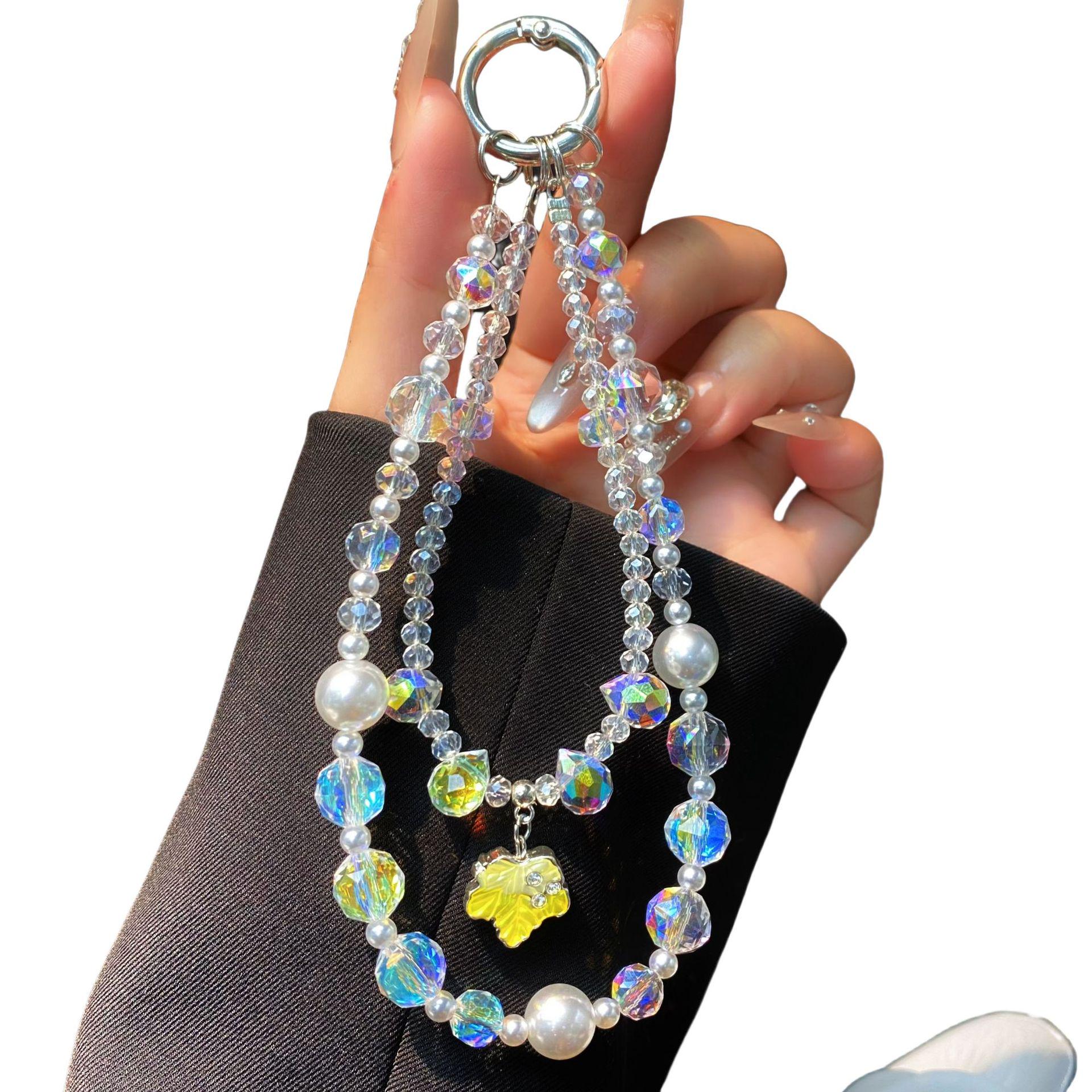 

Chic Maple Leaf Beaded Double-Layer Phone Chain Keychain - Mori Style Pendant with Pearl Crystal Charm кленовий/жовтий