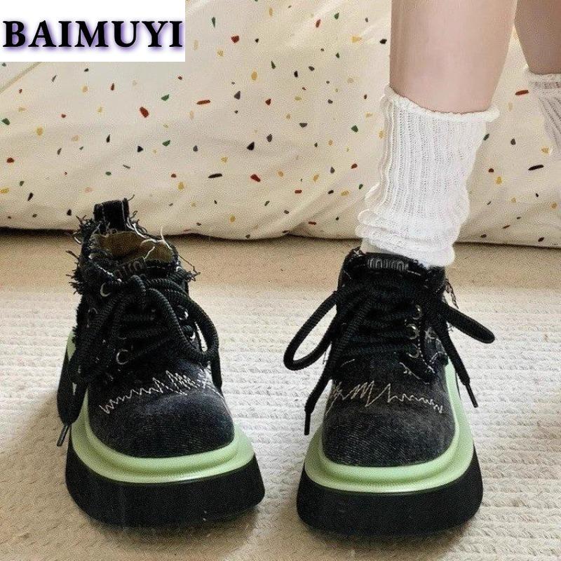 Botines Cowboy Mujer Zapatillas de Plataforma Zapatos Casuales Chunky Mujer Otoño 2025 Diseño de Tendencia Lona con Cordones Zapatos Mujer Botas