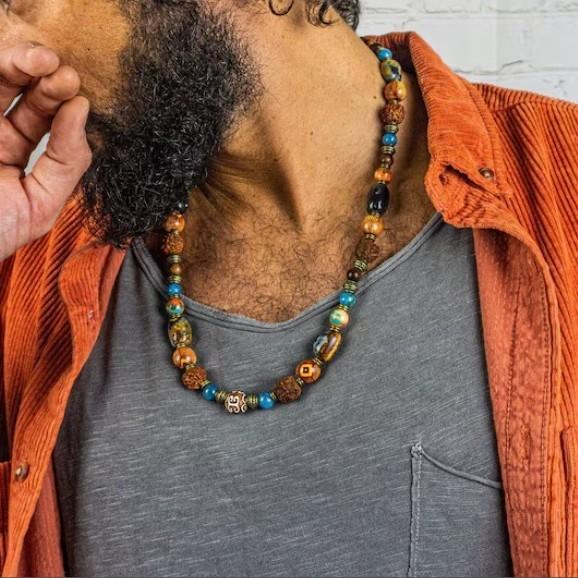 Vintage Tiger Eye Beaded Necklace For Men Geometric Style Ethnic Fashion Accessory