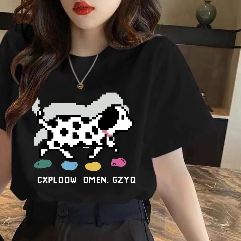 Kurzarm-T-Shirt aus reiner Baumwolle für Damen im Sommer. Neues bedrucktes, schulterfreies Kurzarm-T-Shirt mit Rundhalsausschnitt.