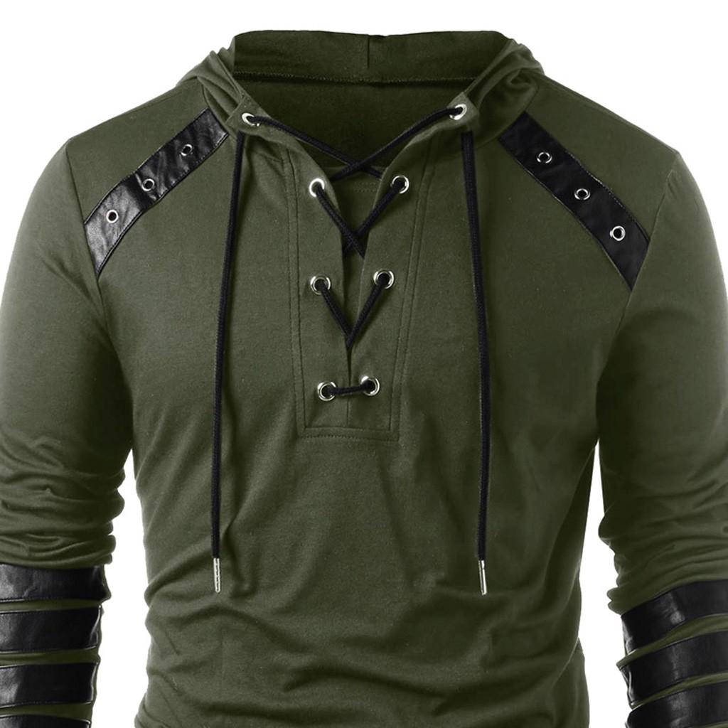 Men Winter Drawstring Vintage Leather Patchwork Long Sleeve Hooded Tops Blouses