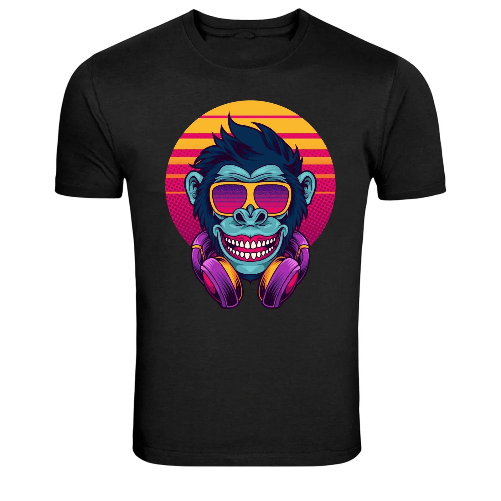 Retro Monkey With Headphones Sunglasses Graphic T-Shirt XL