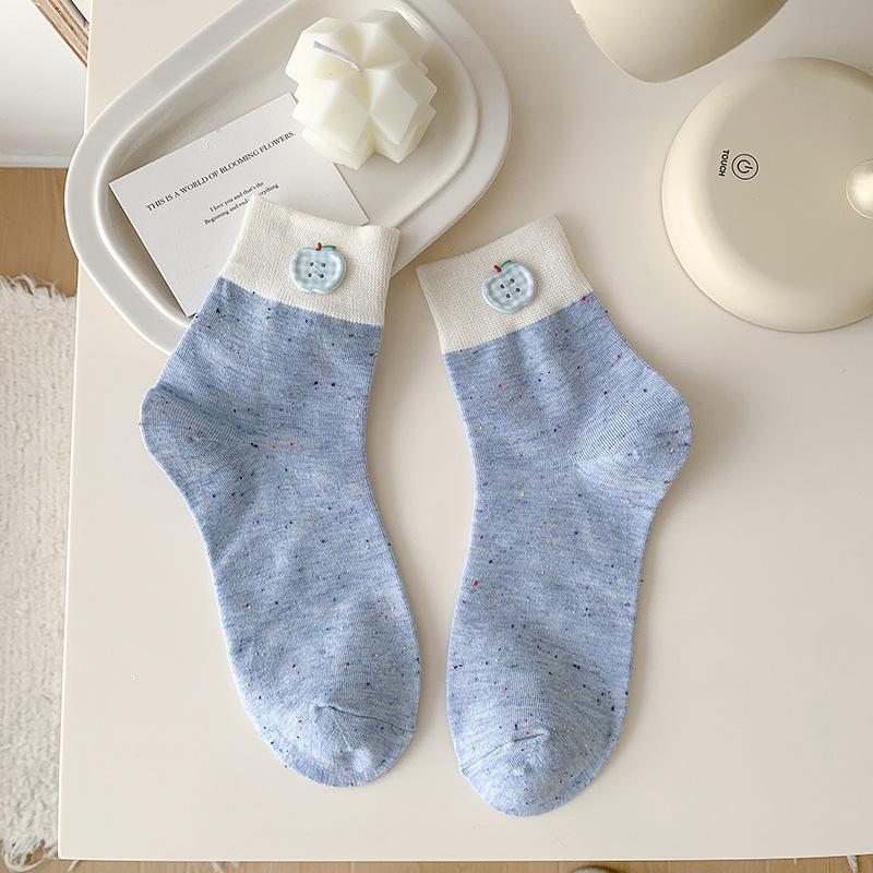 

Женские весенне-летние тонкие милые креативные носки-трубы с пуговицей в виде яблока в тон 1 pair синий