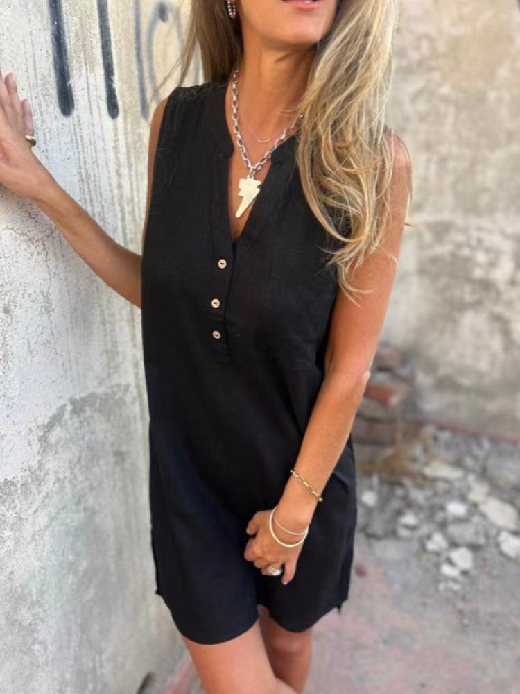 

Женский комбинезон без рукавов с шортами, ромпер, черный, серый, белый, синий - повседневный летний наряд XS чёрный