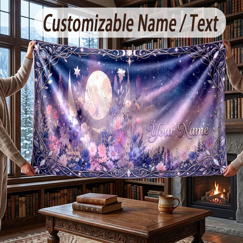 Floral Garden Theme Throw Blanket Custom Name Text Personalized Blanket Soft Cozy Blanket for Home Sofa Bed