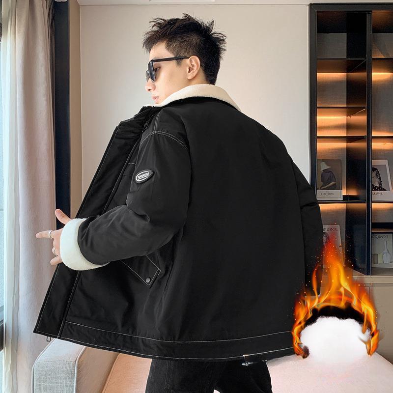 Autumn and Winter Men's Lapel Lamb Fleece Padded Jacket Thick Padded Jacket Jacket Casual Tooling Fur Collar Top