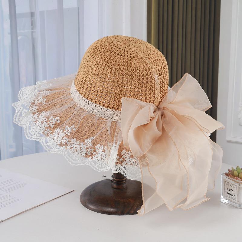 Lace Mesh Sun Hat Women'S Summer Eaves Straw Woven Sun Hat Foreign Style Bow Sun Hat