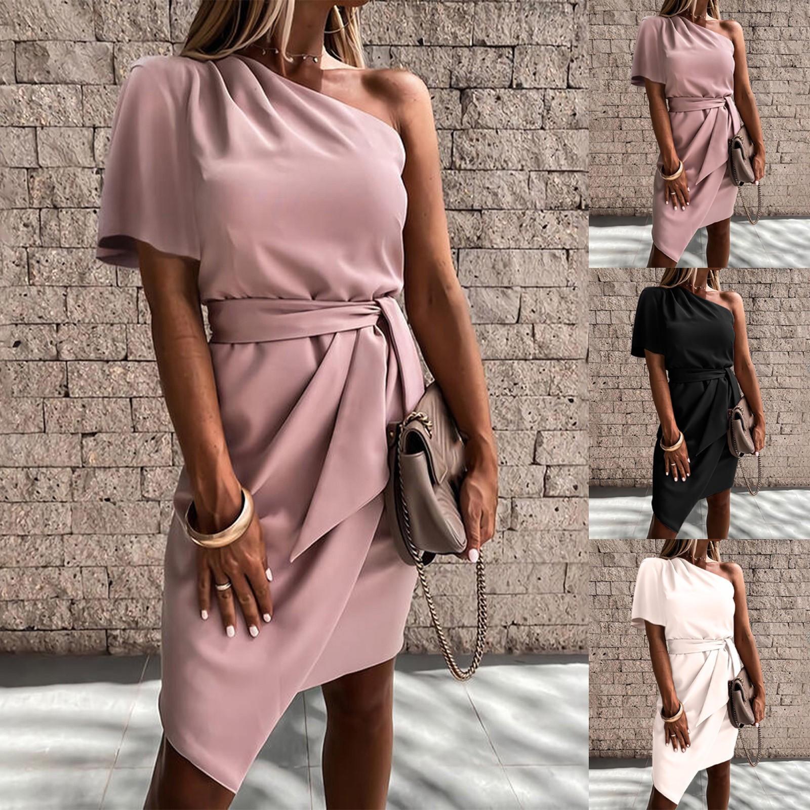 

Women Casual Solid Color One-Shoulder Sleeveless Tie Dress Short Skirt