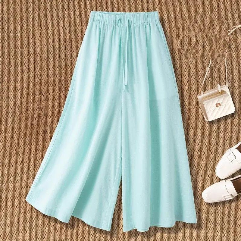 Women's Linen-Blend Wide Leg Pants, Elastic Waist Casual Culottes With Drawstring