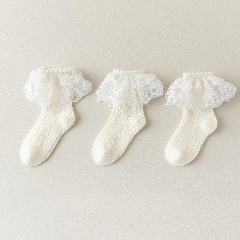 3 Pair/set White Lace Trim Girls Socks Pure Cotton Princess Socks for Kids Soft Beige Color School Lolita Calf Socks for Toddler