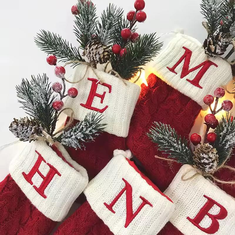 Christmas Socks Red Snowflake Alphabet Letters Knitting Stocking Christmas Tree Pendant Decoration For Home Xmas New Year Gift