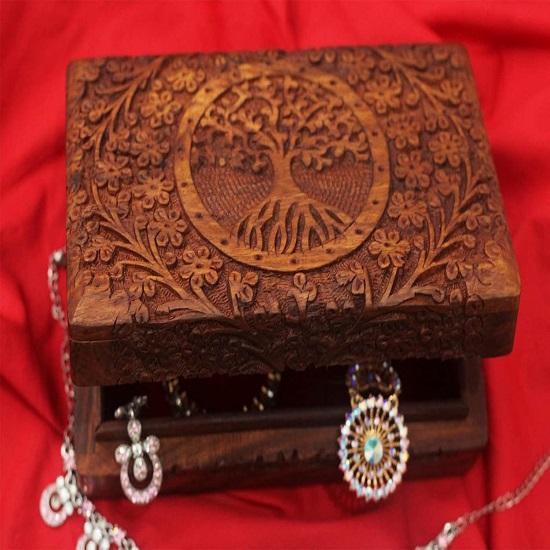 Handgjord Trä Smyckeskrin för Kvinnor Trä Smyckesorganisatör Handskulpterad med Trädskulpturer Gåvobjekt för Smycken