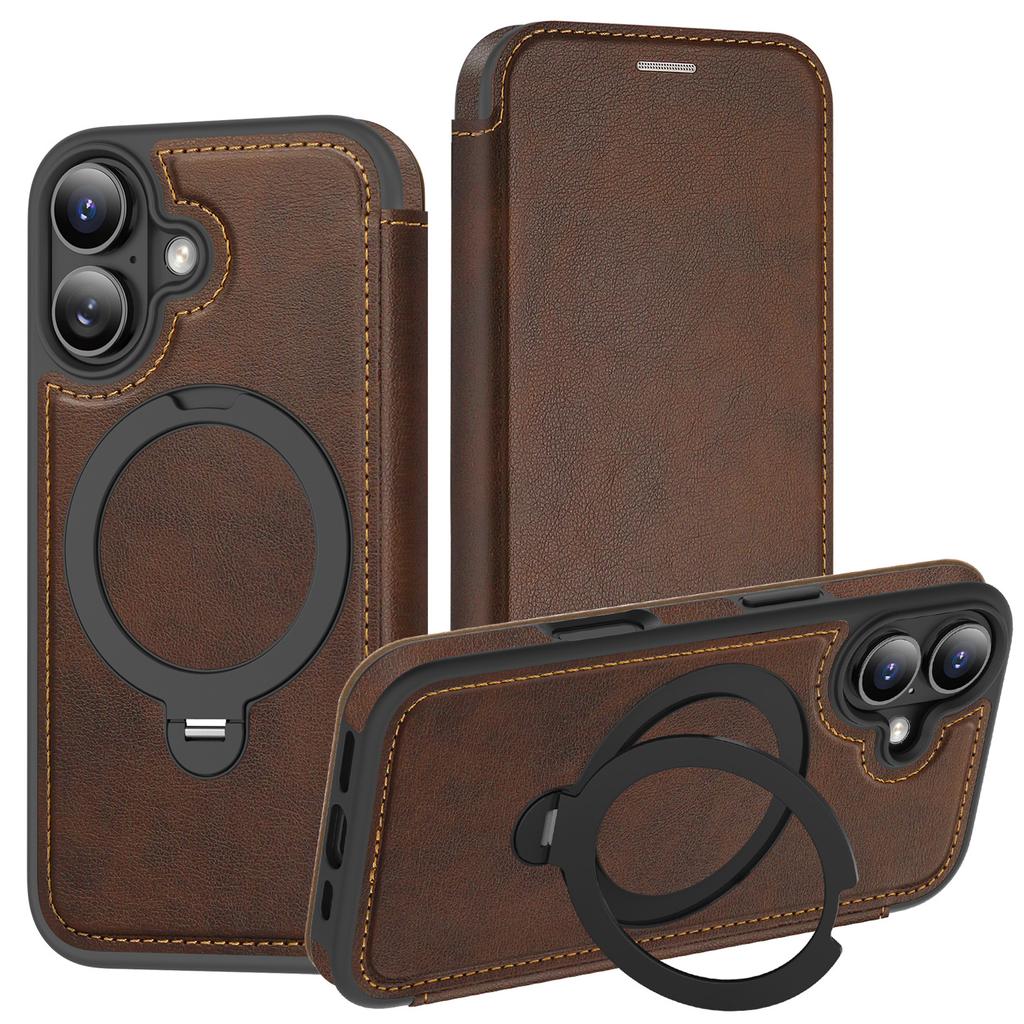 For iPhone 16 Case Compatible with MagSafe RFID Blocking Leather Wallet Cover with Rotating Ring Kickstand