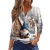 Women's Fashion Casual Christmas Print V-Neck Short Sleeve Decorative Button Three-quarter Sleeve T-shirt Top