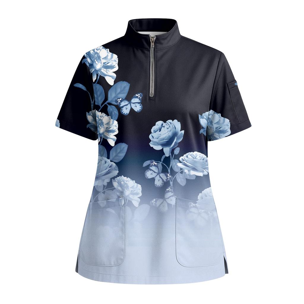 Women's Short Sleeved Printed V-neck Buttonable Side Slit Top T-shirt