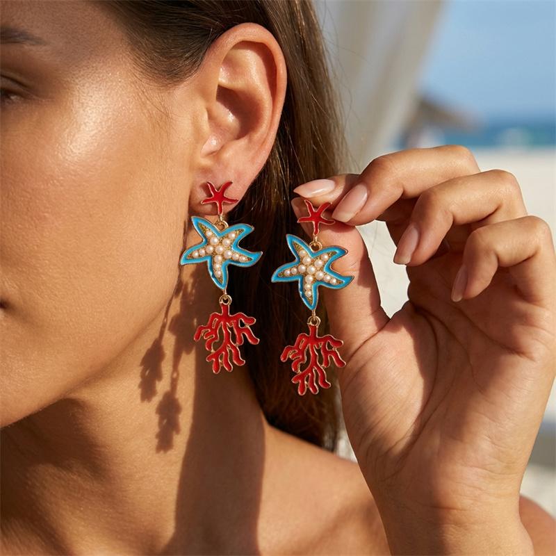 

Elegant Starfish Coral Stud Earrings For Women Summer Ocean Style Blue Enamel Branch Drop Earrings Beach Vacation Jewelry Gift