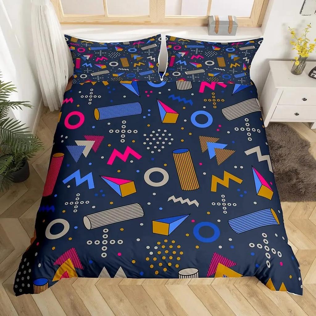 Retro Memphis Style Duvet Cover Set Galaxy Fashion Style Geometric Shapes Bedding Set Full,Hipster Old Fashioned Comforter Cover
