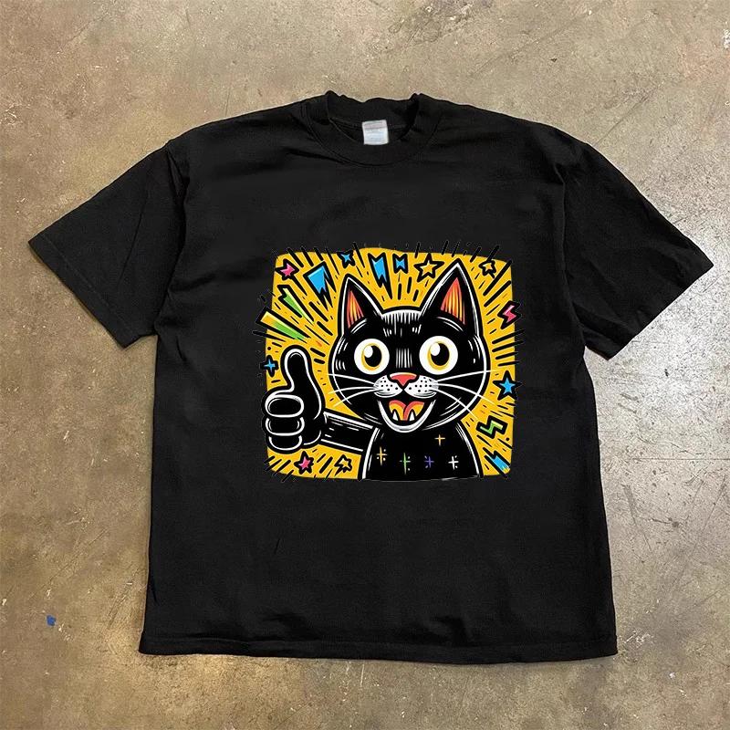 

2025 Harajuku retro black cat printed Tshirt new Hip Hop Kawaii plus size Tshirt and wo short sleeved top S