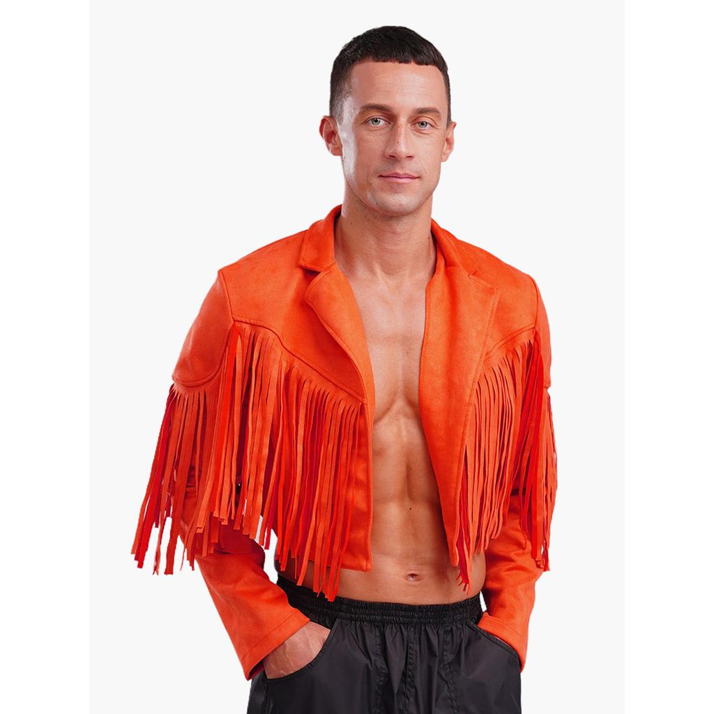 Herren Fransen Wildlederimitat Jacke Cropped Design Reverskragen Langarm Offene Vorderseite Strickjacke 80er Hippie Cowboy Stil