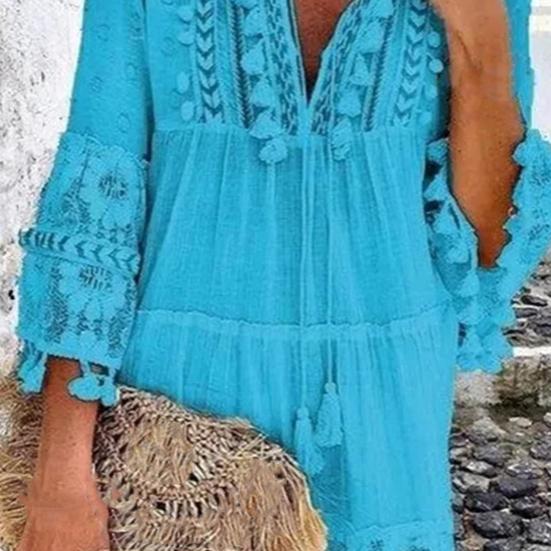 Deep V Neck Mini Dress Solid Color Women Tassel 45720 Sleeve Shift