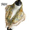 French Aesthetic Head Scarf Women Triangular Shawl with Tassel, Hollow Lace Wrap Retro Oil Soft Polyester Neck Kerchief Painting Print, Breathable
