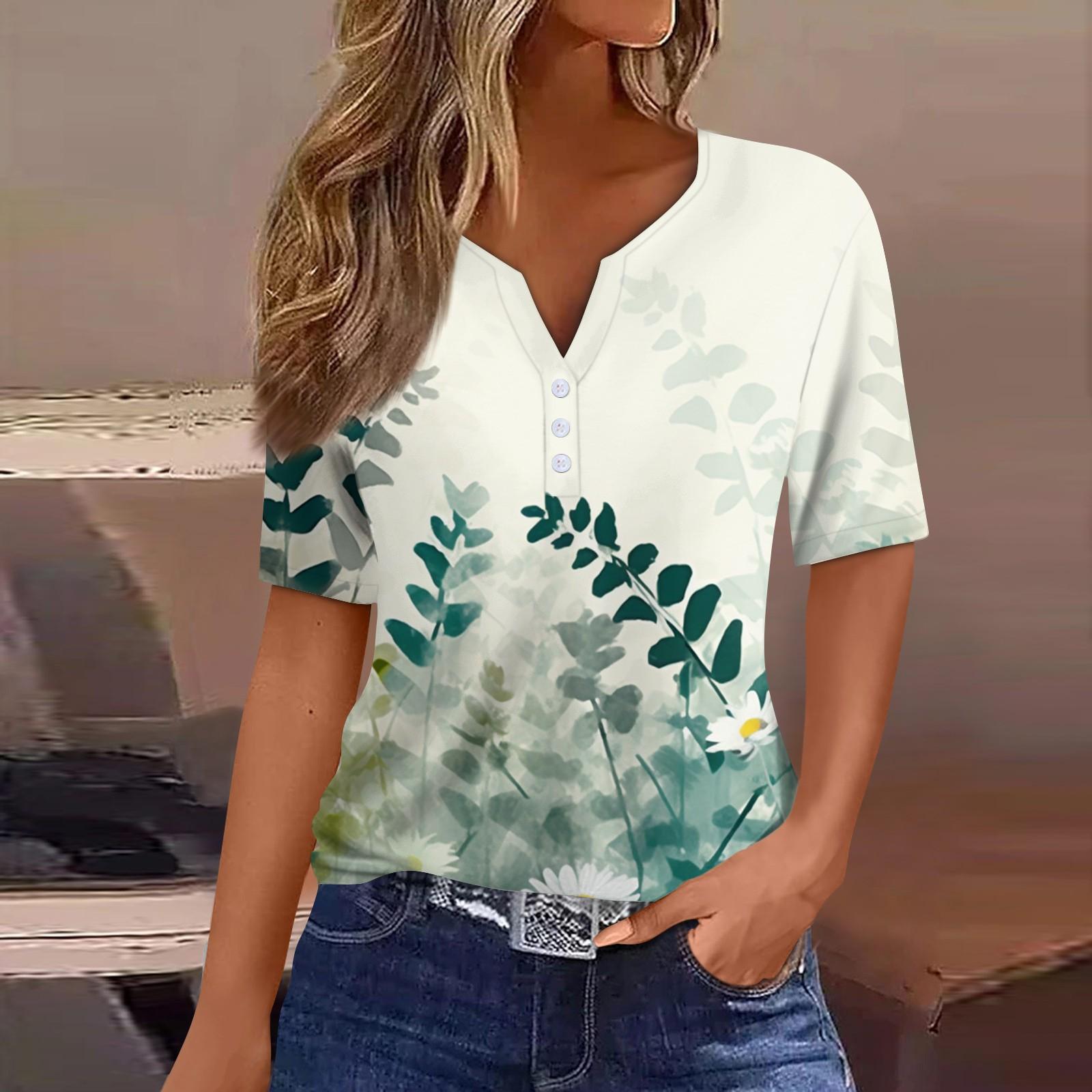 Жен. Футболка С принтом Пуговицы С короткими рукавами Повседневные Выходные Мода — фото 3