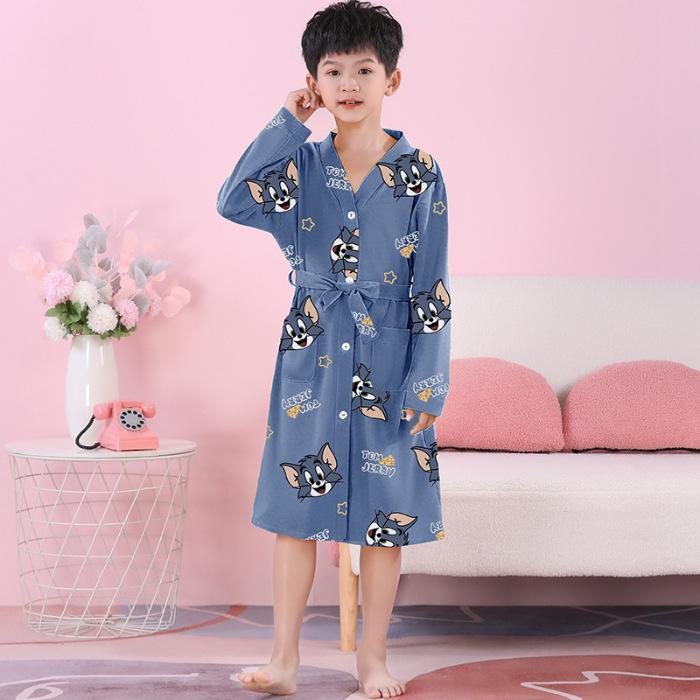 Girls' Combed Cotton Long-Sleeve Pajama Robe - Spring/Summer Bathrobe for Kids, Cute Sleepwear for Middle and Big Girls