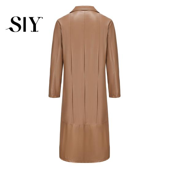 Button Breast Men Jacket Turn-down Collar Smooth Solid Color Faux Leather Windproof Streetwear Slim Fit Long Sleeve Trench Coat Fall