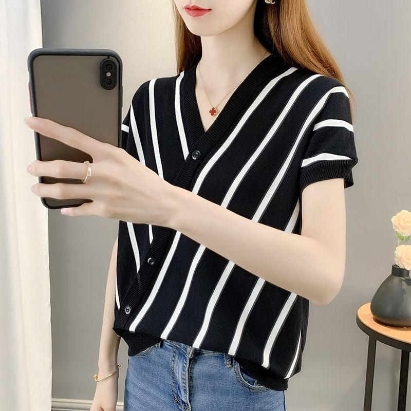 

Летняя футболка с V-образным вырезом в корейском стиле, свободная, с рукавами летучая мышь, в полоску, из ледяного шелка, женская повседневная тонкая трикотажная майка XL