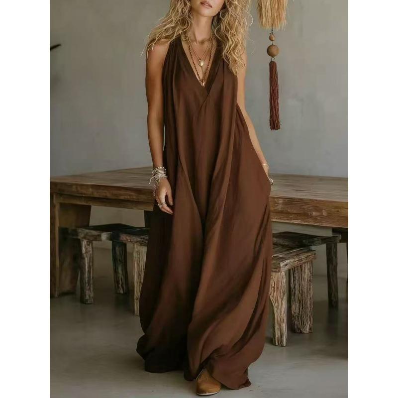 QICED Fashion Summer Spring Solid Color Print Sleeveless V-Neck Casual Dresses