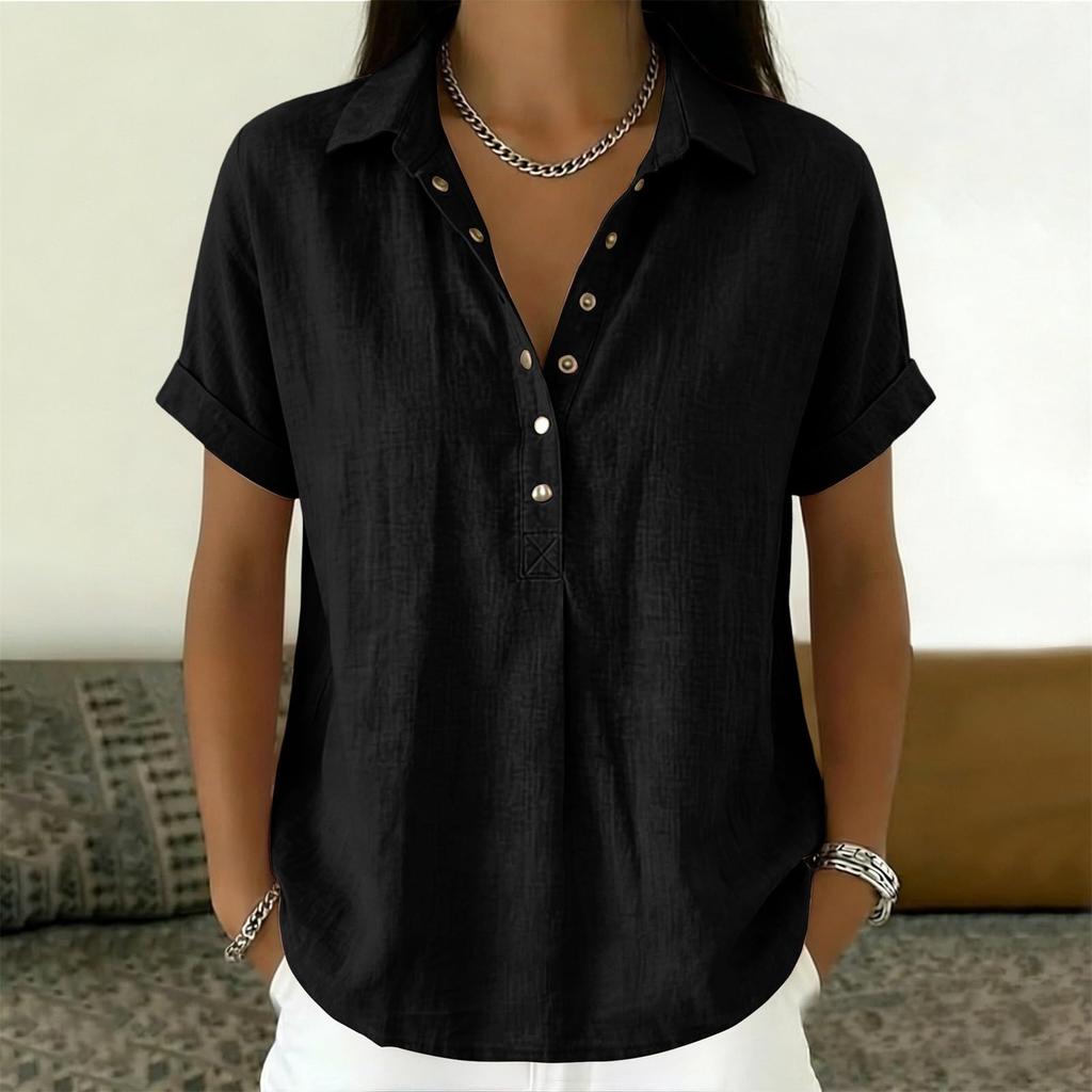 Womens Loose Fit V Neck Blouse Casual Cotton Linen Short Sleeve Shirt Button Down Lightweight Top for Daily Wear
