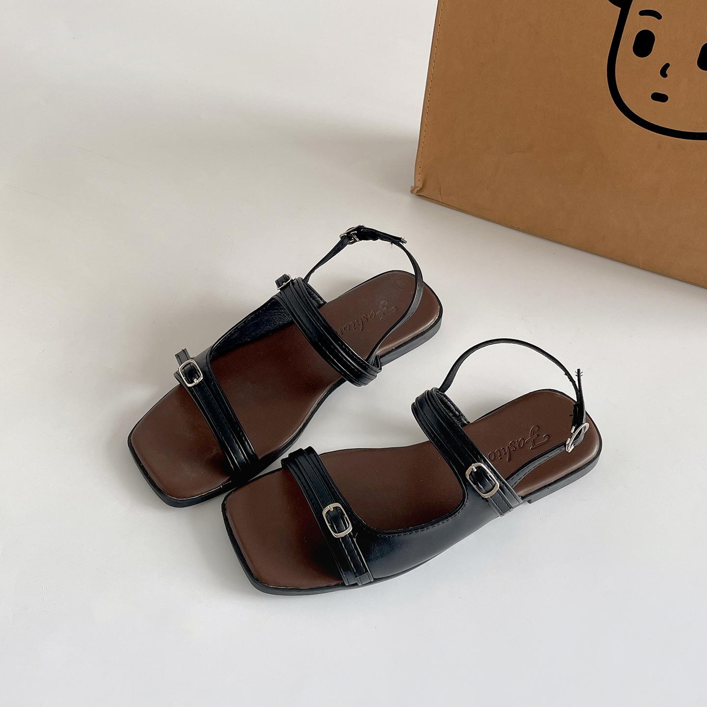 

Internet celebrity explosion black retro flat one word sandals women 2025 new summer wear non-slip versatile Roman sandals 35 чёрный