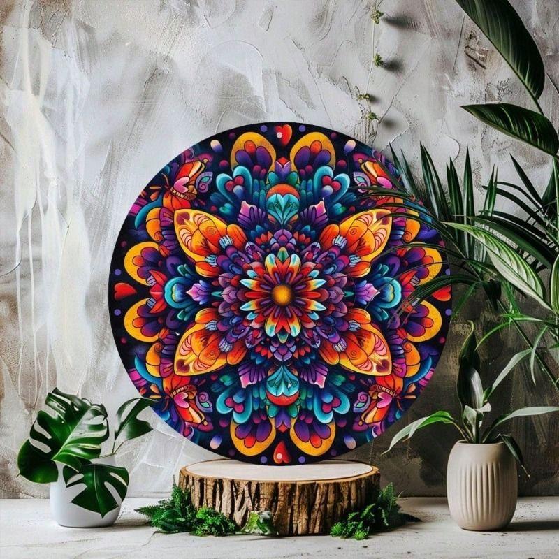 Vintage Metal Wall Art Sign Mandala Round 8x8 inch for Living Room  Keywords: metal poster, wall decor, mandala vinyl, round sign, home art
