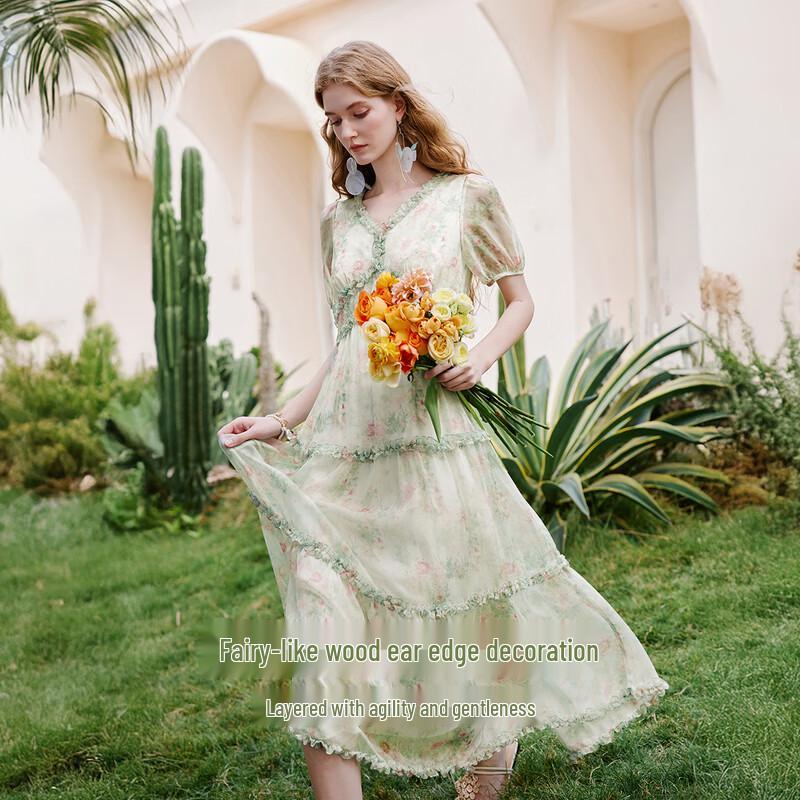 French Floral Ruffled V-neck Midi Dress