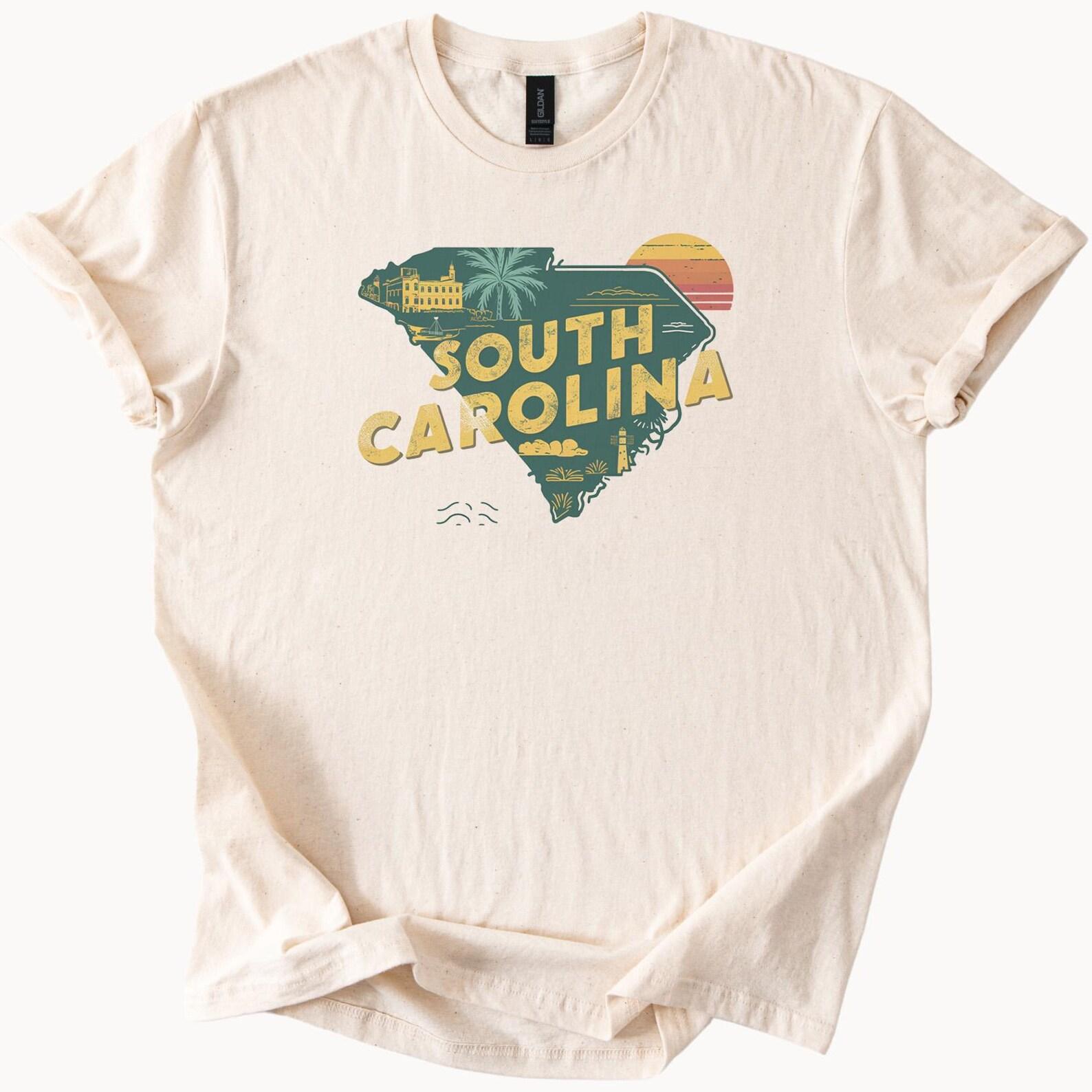 South Carolina Graphic T Shirt Retro State Map Palm Tree Sunset Beach Scene Unique Travel Souvenir South Carolina Shirt Gift 160