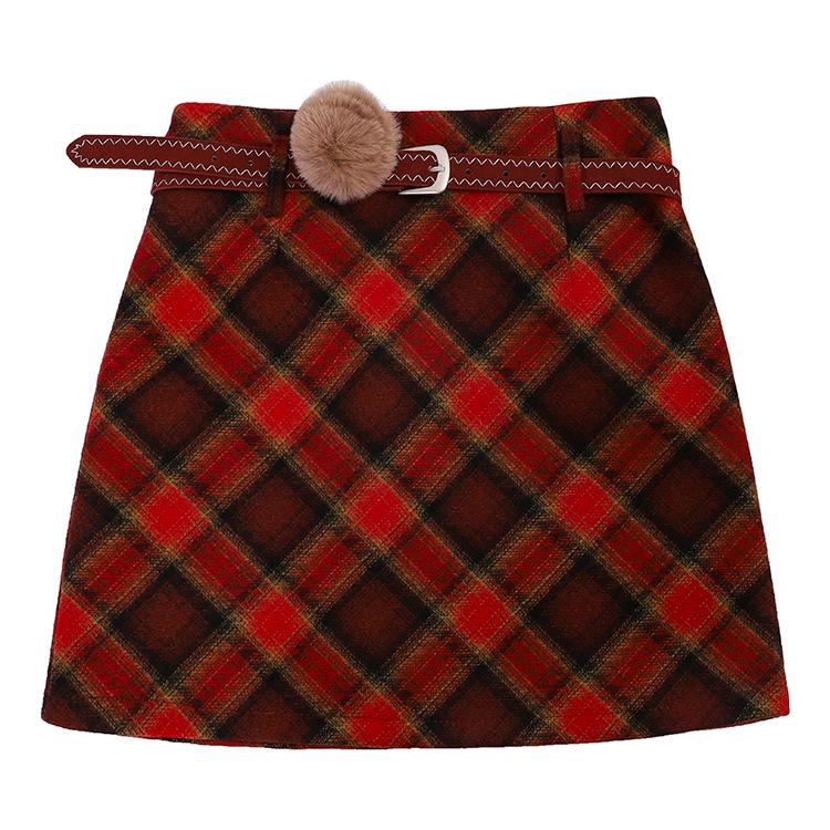 Fei Yuan Plaid Belted Red Skirt - Festive Autumn/Winter Style Medium красный